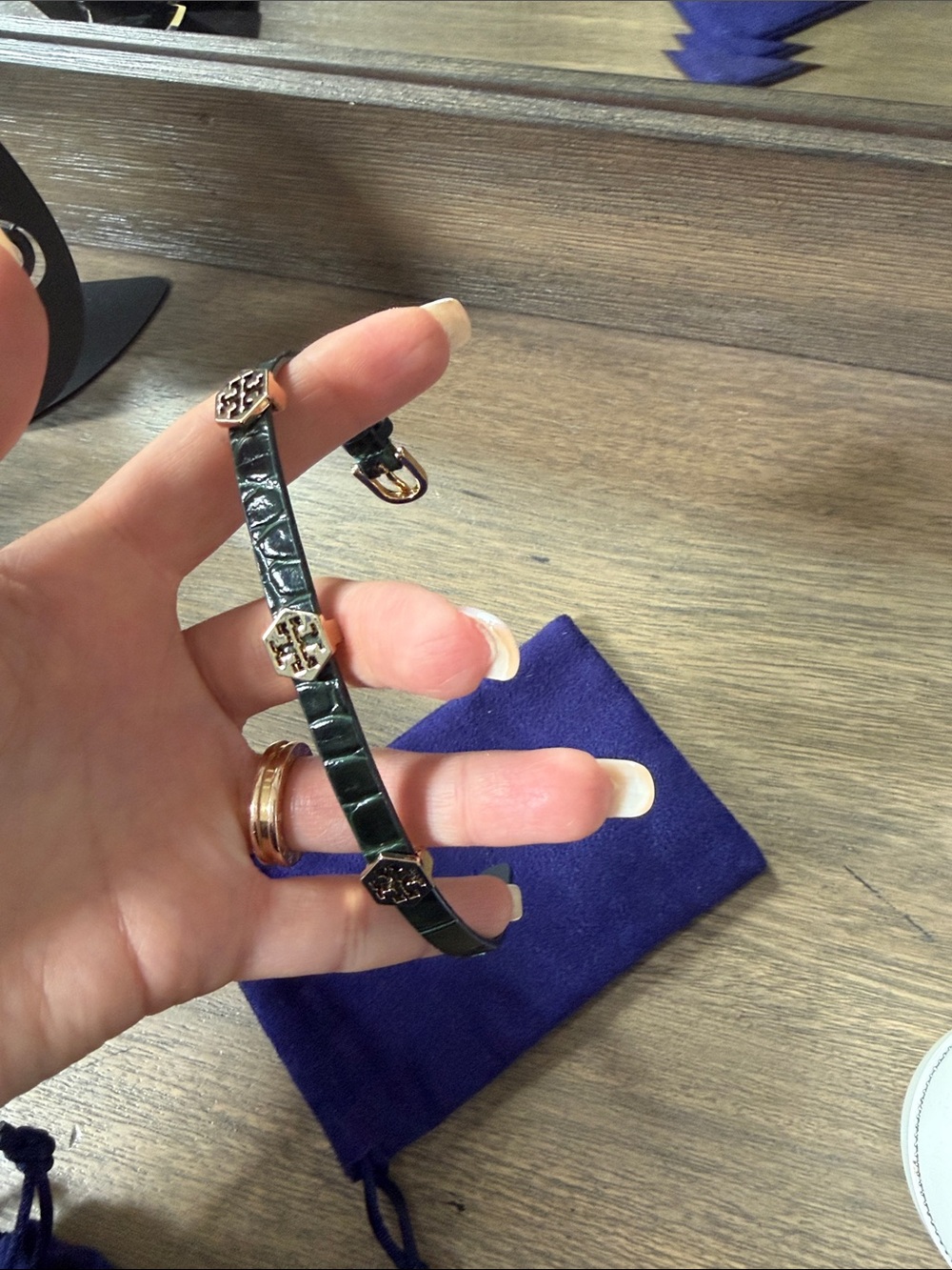 Tory Burch Dark Green Leather Logo-Link Bracelet with Gold Accents